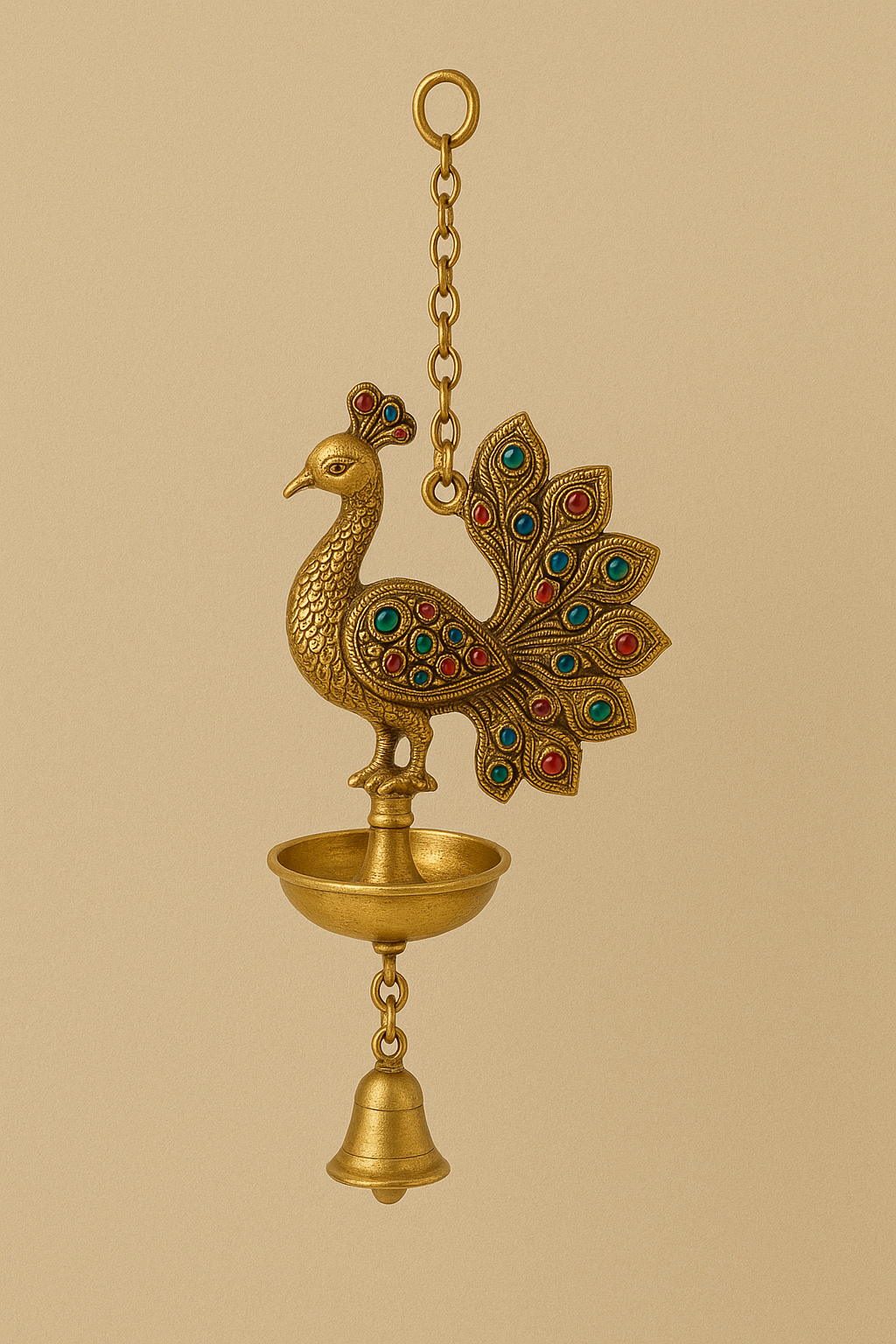 8 Inches Brass Peacock Stonework Hanging Diya