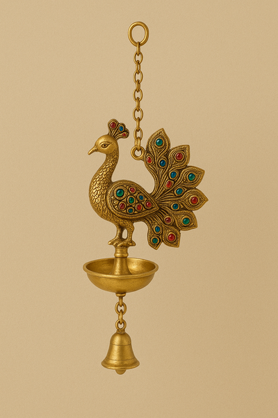 8 Inches Brass Peacock Stonework Hanging Diya