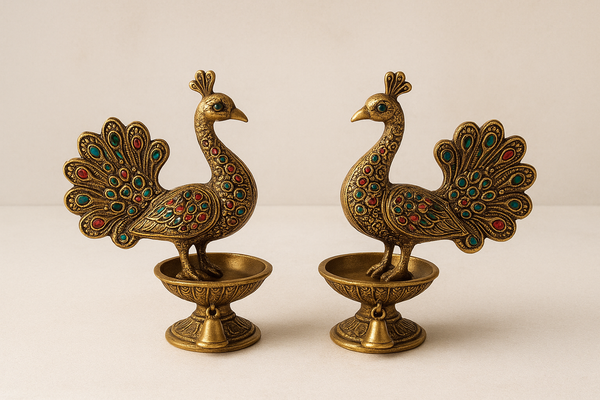 Peacock Diyas With Bell (Set of 2) Brass Stonework lamp