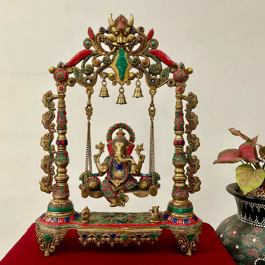 26 Inch Lord Ganesh Swing Stonework Brass Idol