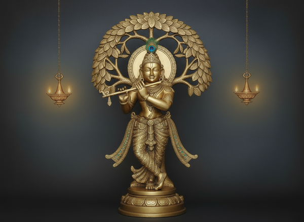 13 Inch Lord Krishna With Tree Brass idol