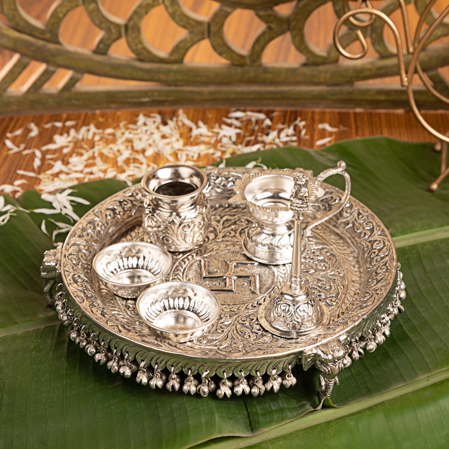 Servdharm Silver Plated Brass Rudraksha Pooja Thali Set