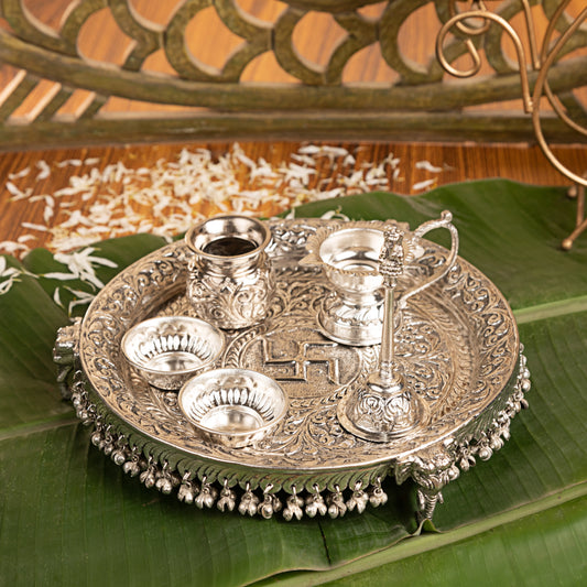 Servdharm Silver Plated Brass Rudraksha Pooja Thali Set